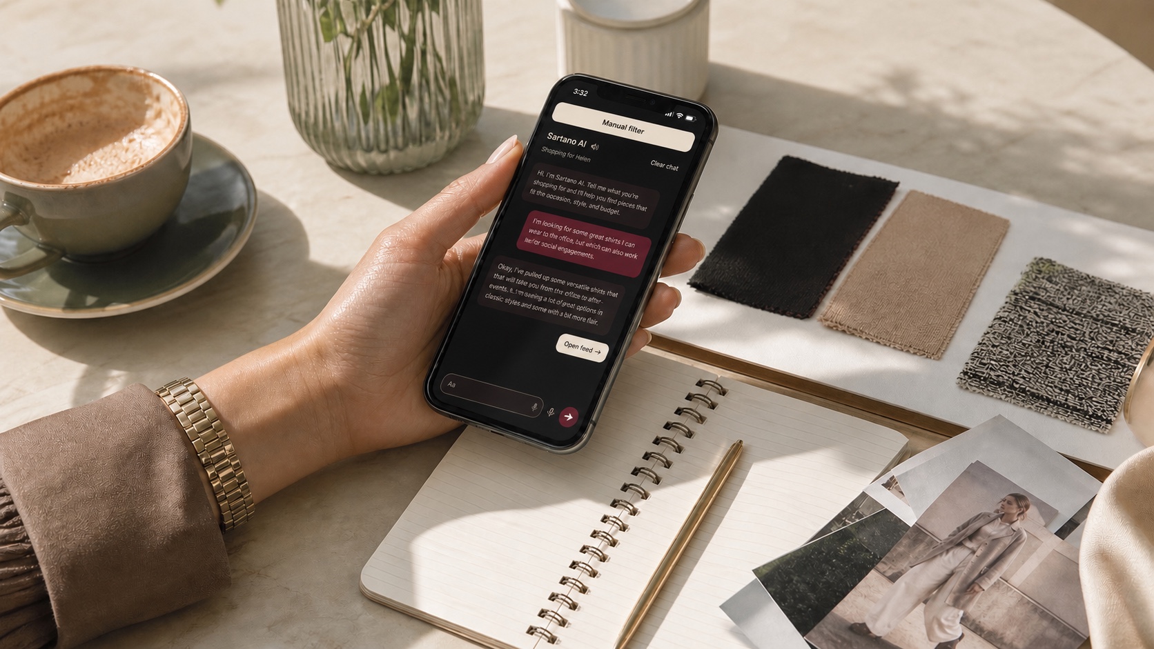 A phone showing a Sartano app screen on a styled desk with wardrobe pieces