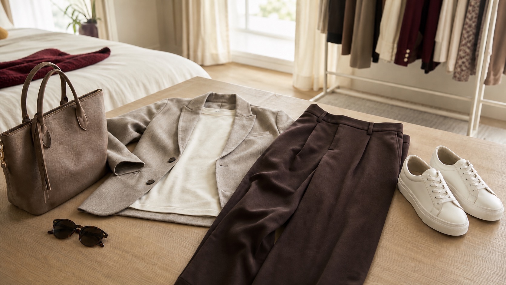 A complete outfit laid out on a styling table with blazer, trousers, sneakers, and accessories