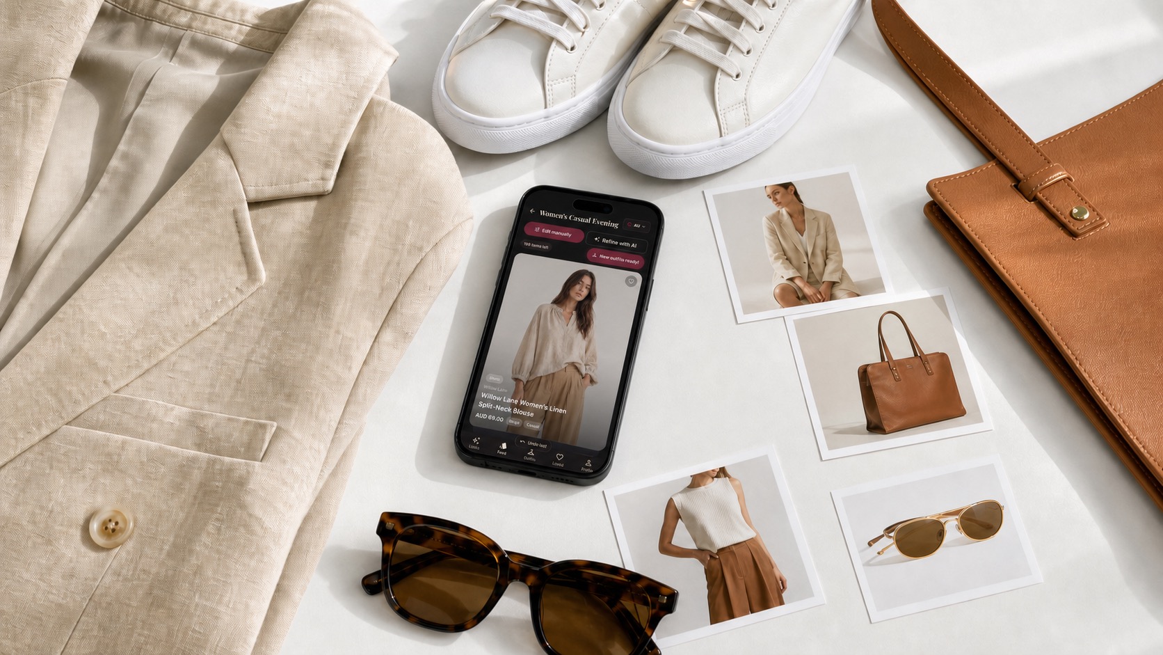 A fashion shortlist arranged around a phone showing the Sartano feed