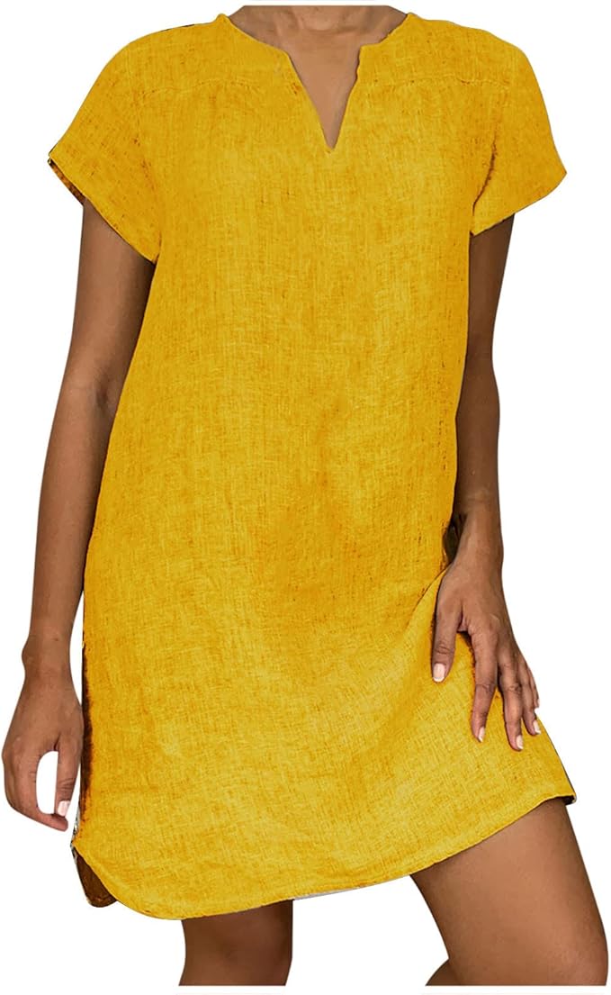 Vintage Cotton Linen Shift Dress V-Neck