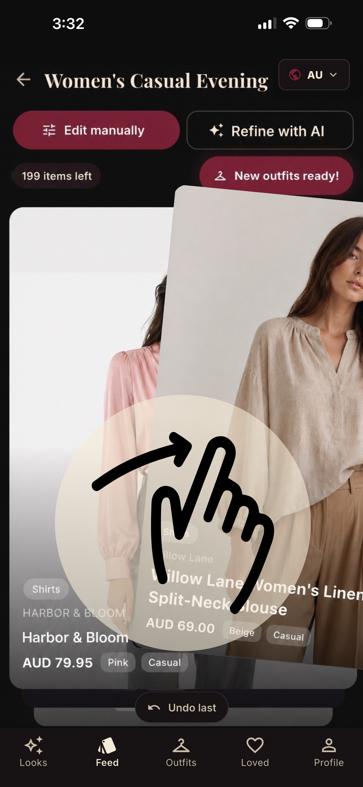 Sartano feed — swipe through curated products from retailers