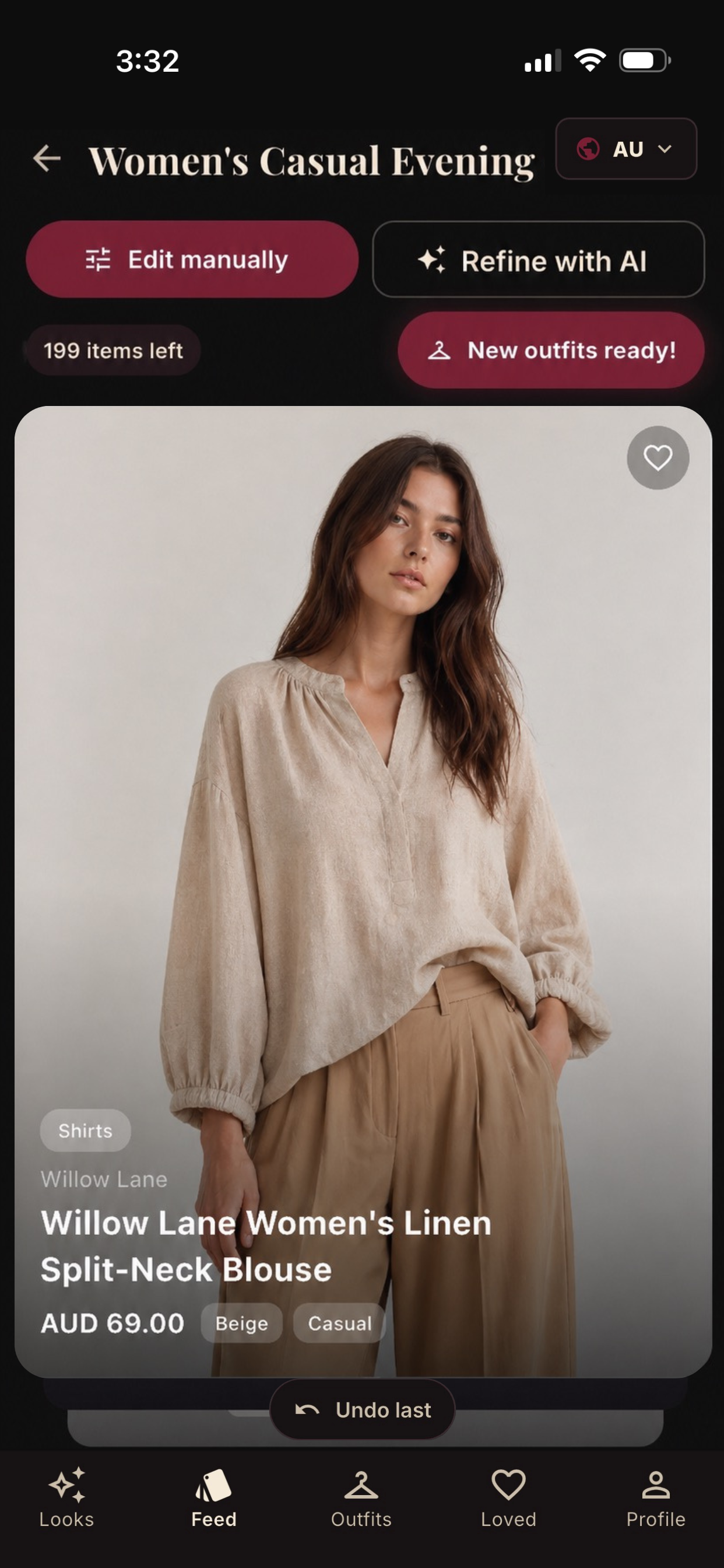 Sartano feed — curated fashion products with AI refinement and outfit suggestions